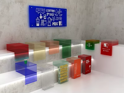 Coffee Cafe Display Area With Blue Sign Colorful Transparent Blocks And Coffee Products 3d model