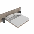 Modern Minimalist Double Bed With Wooden Headboard Gray Bedding And Side Tables
