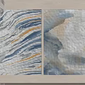 Modern Square Rugs With Wavy And Geometric Patterns In Blue White Gray And Gold Tones