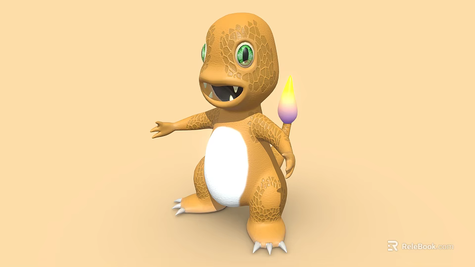 Cute Reptile Cartoon Character With Orange Body White Belly Green Eyes And Flame On Tail 3d model 