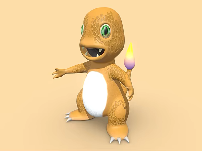 Cute Reptile Cartoon Character With Orange Body White Belly Green Eyes And Flame On Tail 3d model