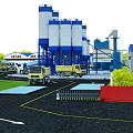 Industrial Factory Layout With Blue Roof Buildings Green Trees Roads And Orange Cranes