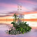 Floral Installation Featuring Transparent Bottle Structure Purple Flowers Green Plants And Sunset Water Background