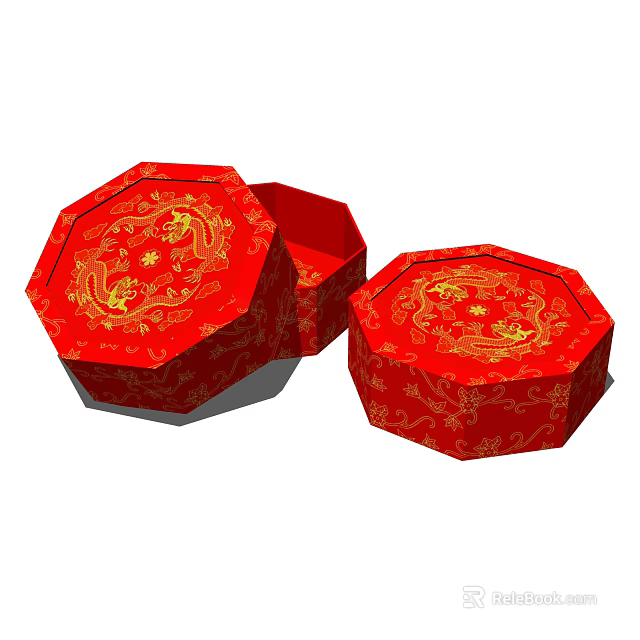Chinese Traditional Red Octagonal Storage Boxes With Golden Dragon Patterns 3d model