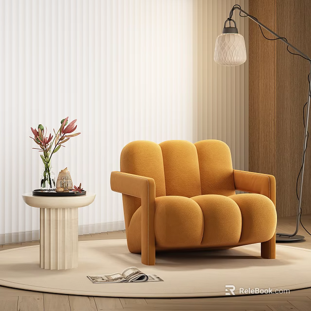 Orange Modern Single Sofa with Round Side Table Vase Flowers White Blinds and Floor Lamp 3d model 