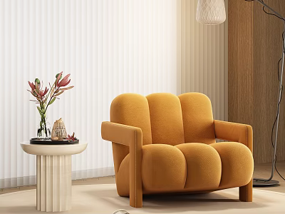 Orange Modern Single Sofa with Round Side Table Vase Flowers White Blinds and Floor Lamp 3d model