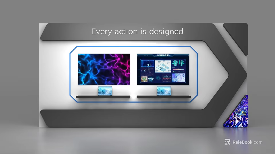 Modern Tech Background Wall with Digital Screens Displaying Abstract Patterns and Data Charts 3d model