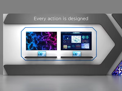 Modern Tech Background Wall with Digital Screens Displaying Abstract Patterns and Data Charts 3d model