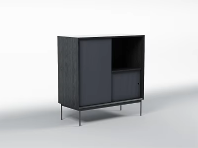 Modern Black Wooden Sideboard With Sliding Doors Open Compartment And Metal Legs 3d model