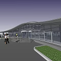 Modern Architectural Building With Glass Facade Circular Roof Steps Pedestrians And Lawn Area