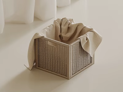 Woven Storage Basket With Beige Cloth Inside On Light Colored Floor And White Curtains 3d model