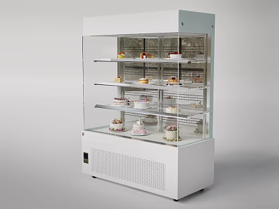 White Display Refrigerator with Transparent Glass Door and Multiple Shelves for Cakes 3d model