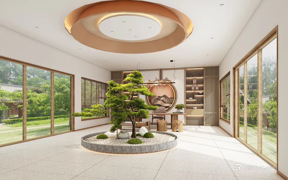 Modern Hotel Lobby Interior With Circular Ceiling Bonsai Tree Large Windows And Green Views 3d model 