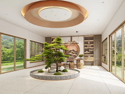 Modern Hotel Lobby Interior With Circular Ceiling Bonsai Tree Large Windows And Green Views 3d model