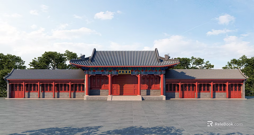Ancient Chinese Architecture With Traditional Grey Tile Roof Red Wooden Doors And Ornate Eaves 3d model 