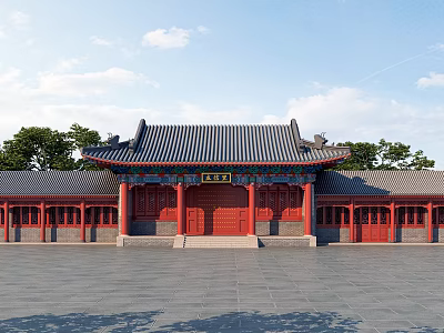 Ancient Chinese Architecture With Traditional Grey Tile Roof Red Wooden Doors And Ornate Eaves 3d model