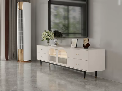 Modern White TV Stand With Drawers Glass Doors Black Legs And Decorative Items 3d model
