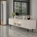 Modern White TV Stand With Drawers Glass Doors Black Legs And Decorative Items