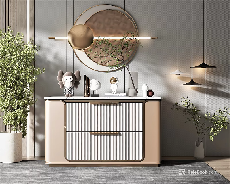 Modern Entryway Console Cabinet With Round Mirror Decorative Items And Green Plants Design 3d model 