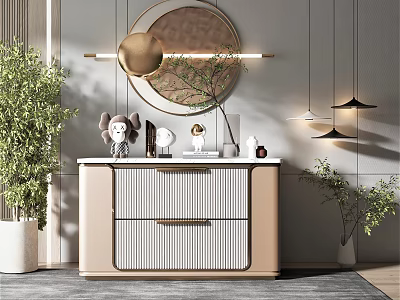 Modern Entryway Console Cabinet With Round Mirror Decorative Items And Green Plants Design 3d model
