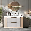 Modern Entryway Console Cabinet With Round Mirror Decorative Items And Green Plants Design