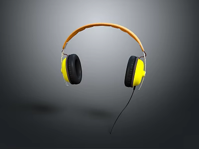 Stylish Wired Yellow Headphones With Orange Headband And Black Ear Cups On Gray Background 3d model