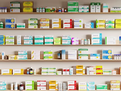 Medical Equipment Display On Shelves With Assorted Packages And Medical Supplies 3d model
