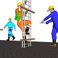 Construction Workers Climbing Ladder And Assisting At Urban Construction Site With Cranes And High rise Buildings