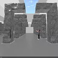 Symmetrical Gray Stone Pillars Art Installation With Person Interacting In Modern Gallery Space