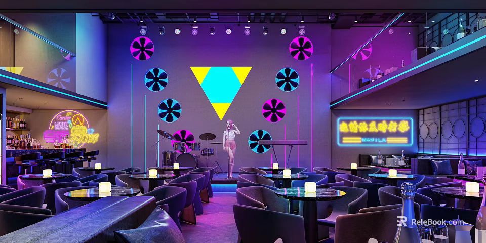 Stylish Bar Lounge With Neon Lighting Stage Performer Geometric Flower Decor And Candlelit Tables 3d model 