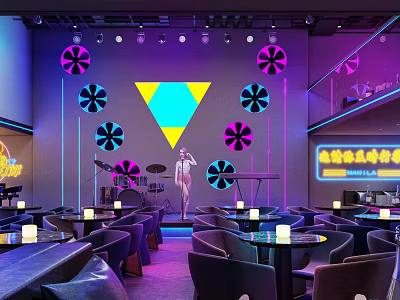 Stylish Bar Lounge With Neon Lighting Stage Performer Geometric Flower Decor And Candlelit Tables 3d model