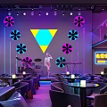 Stylish Bar Lounge With Neon Lighting Stage Performer Geometric Flower Decor And Candlelit Tables