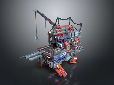 Futuristic Urban Landscape With Mechanical Crane Red Gray Structure And Purple Lights 3d model