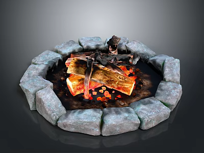 Circular Stone Fire Pit With Burning Logs Flames And Embers 3d model