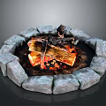 Circular Stone Fire Pit With Burning Logs Flames And Embers