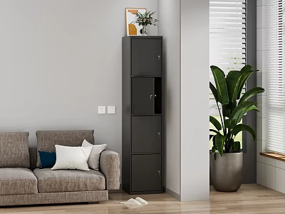 Modern Gray Entryway Cabinet Sideboard In Living Room With Decorative Painting Small Plant And Sofa 3d model