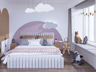 Cozy Kids Room With Cloud Decorations Bed Pink Striped Bedding Star Decor And Stuffed Toys 3d model