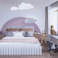 Cozy Kids Room With Cloud Decorations Bed Pink Striped Bedding Star Decor And Stuffed Toys
