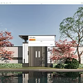 Traditional Chinese Entrance Gate Design With Overhanging Roof Red Maple Trees And Pond Reflection