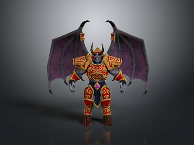 Fantasy Demon Character In Ornate Golden Red Armor With Horns And Wings 3d model