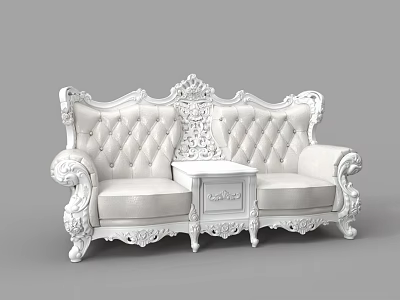 White Two Seater Sofa with Classic Carved Details Tufted Design and Center Table 3d model