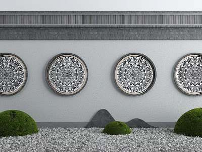 Traditional Feature Wall with Four Circular Intricate Pattern Panels and Small Green Shrubs 3d model