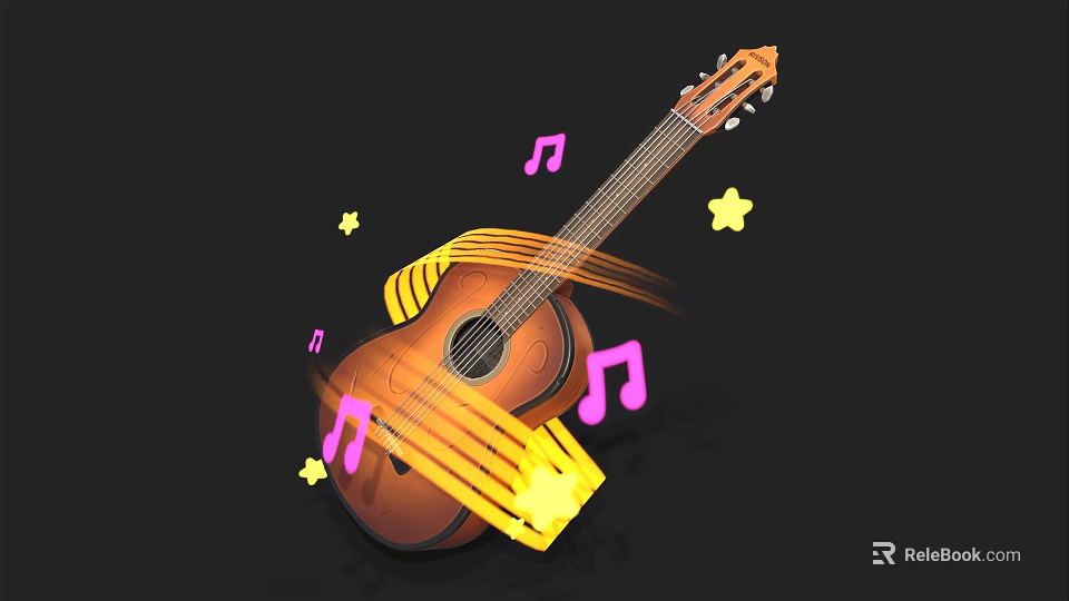 Vibrant Musical Instruments Art Supplies With Acoustic Guitar Music Notes And Stars 3d model 