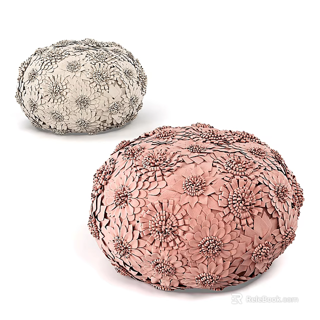 Beige and Pink Ottoman Poufs with Floral Textured Design and Intricate Flower Patterns 3d model 