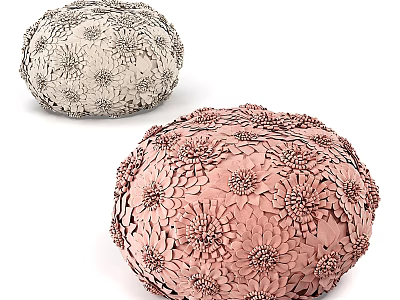 Beige and Pink Ottoman Poufs with Floral Textured Design and Intricate Flower Patterns 3d model