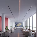 Modern Lounge Area With Comfortable Seating Large Windows Red Walls White Columns And Green Plants