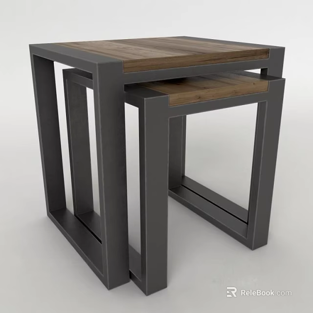 Modern Nesting Side Tables With Wooden Top And Black Metal Frame Design 3d model 