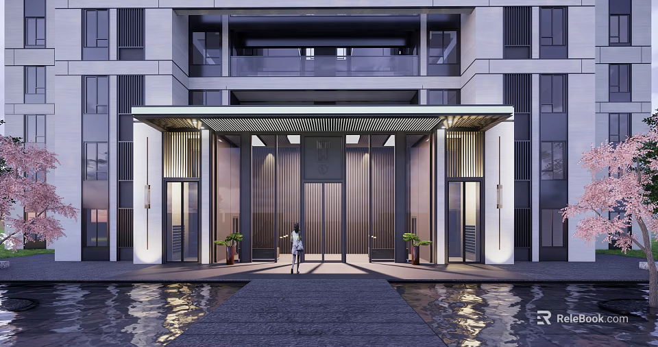 Modern Architectural Entrance Gate With Glass Doors Metal Frames And Water Reflections 3d model 