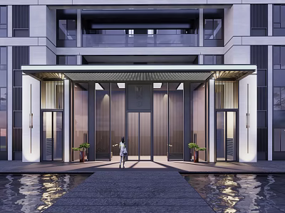Modern Architectural Entrance Gate With Glass Doors Metal Frames And Water Reflections 3d model