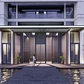 Modern Architectural Entrance Gate With Glass Doors Metal Frames And Water Reflections
